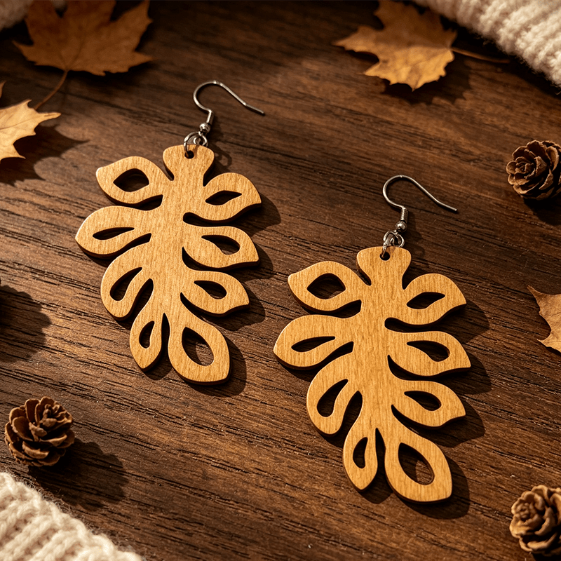 Women's Vintage Wooden Leaf-shaped Earrings, Bohemian Style
